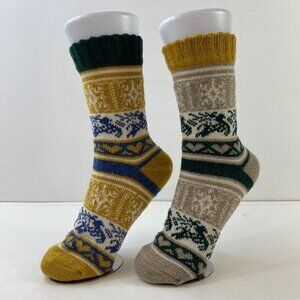Womens Crew Socks Set 2 Fair Isle Nordic Pattern Mustard Yellow Gray Blue Cream